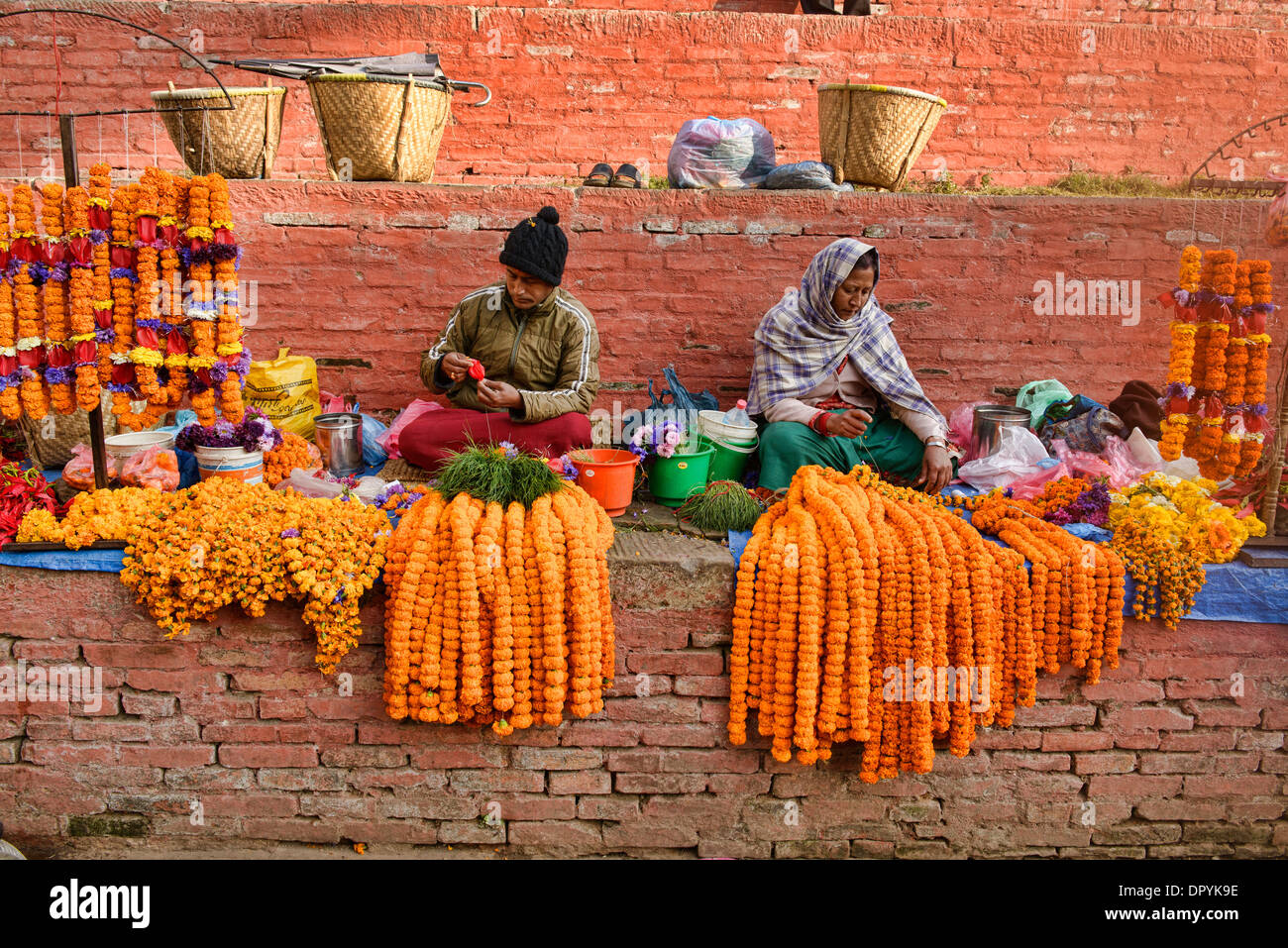 flower vendors in Durbar Square, Kathmandu, Nepal Stock Photo