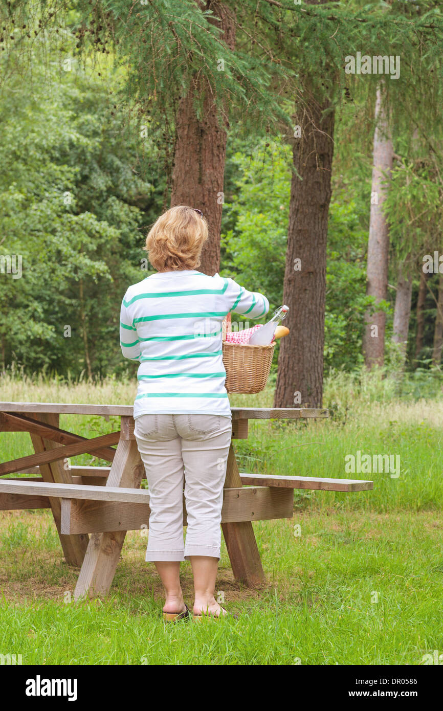 Rear view of a woman placing a picnic basket on a table in a woodland setting. Stock Photo