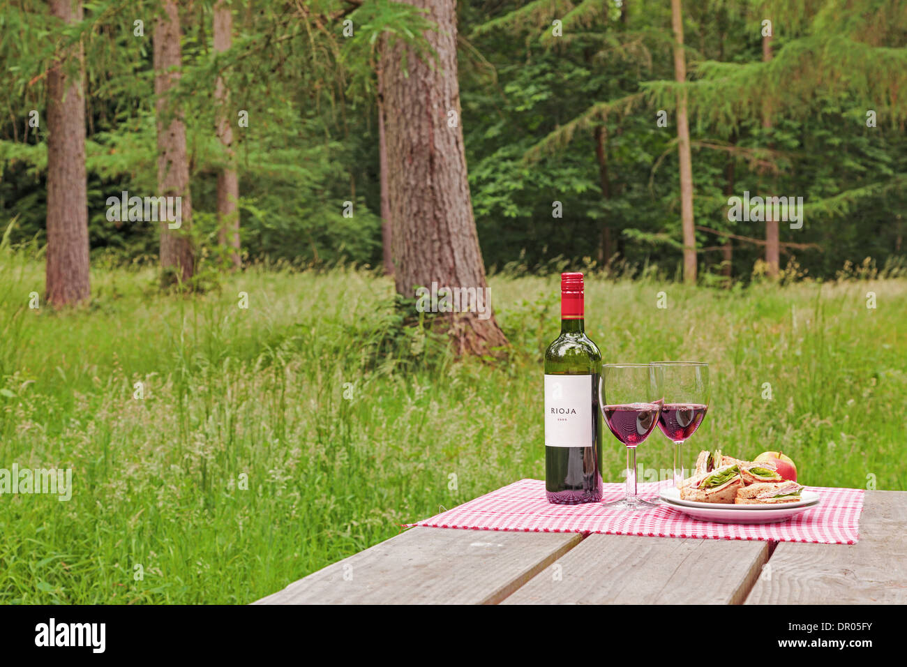 Alfresco dining with a bottle of wine, two glasses and sandwiches on a picnic table in woodland setting. Stock Photo
