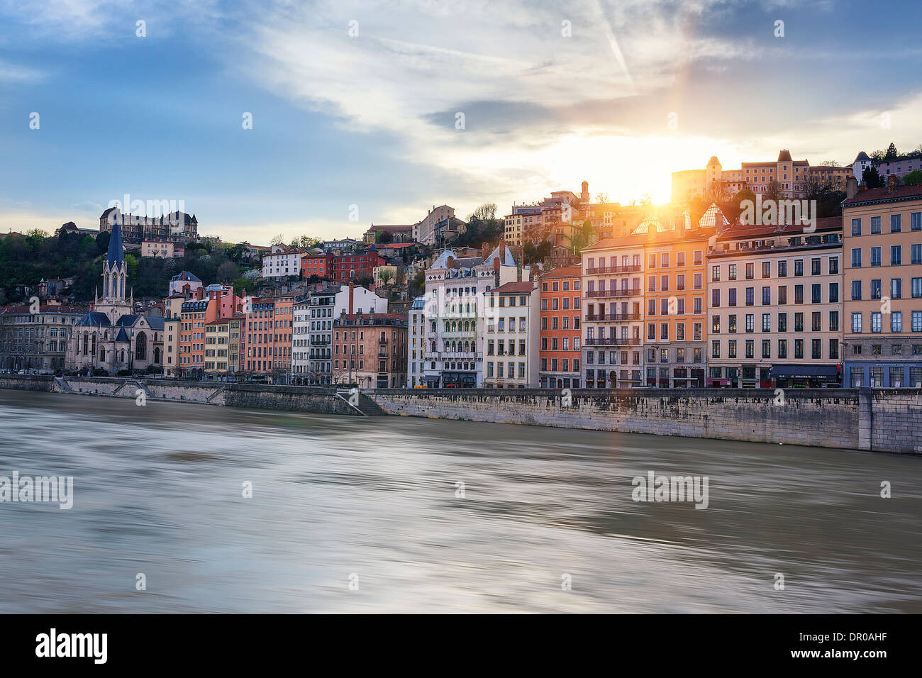 Famous view of Saone river in Lyon city at sunset, France Stock Photo