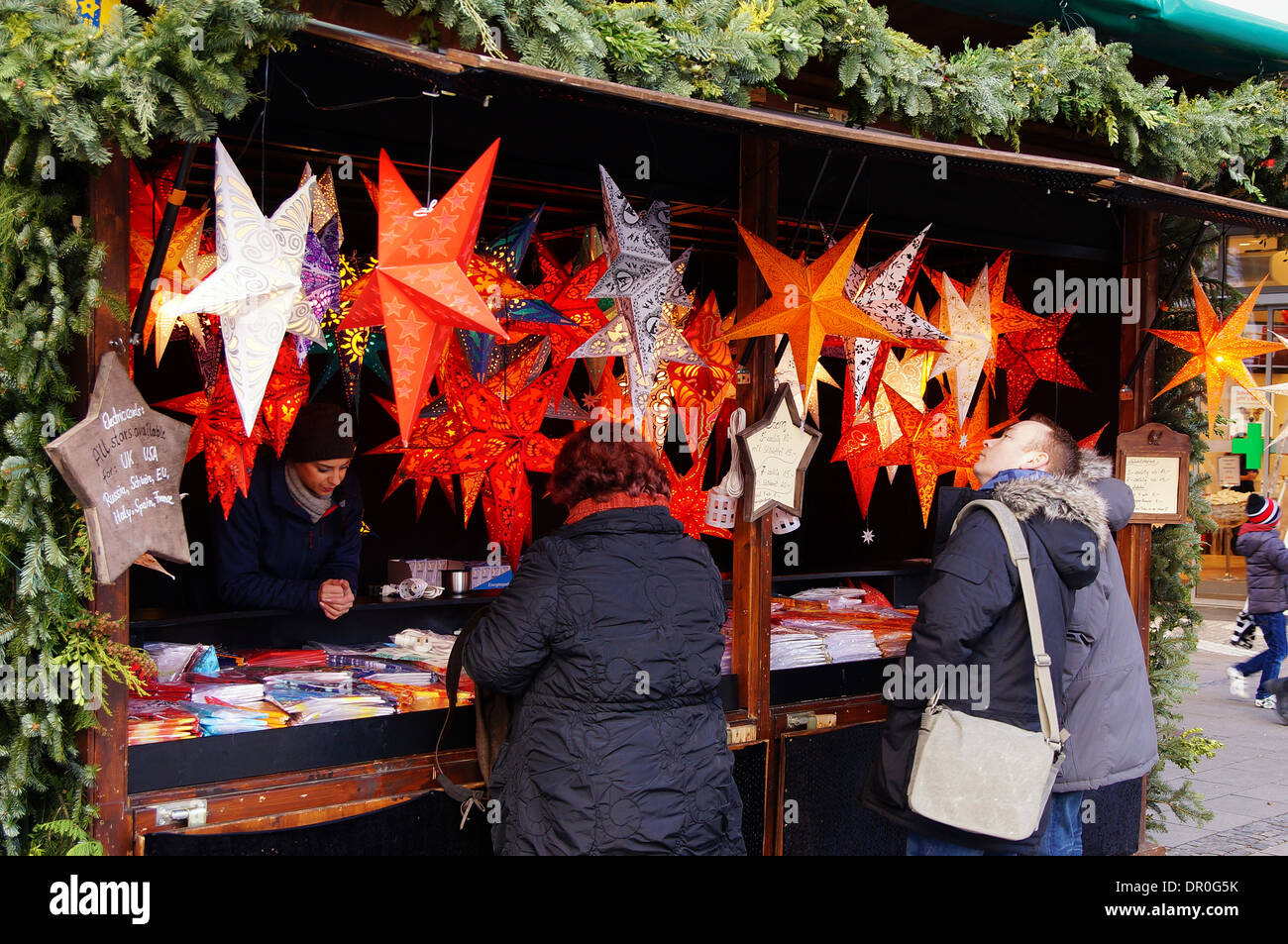Stall selling Christmas ornaments, Munich Christmas Market Stock Photo