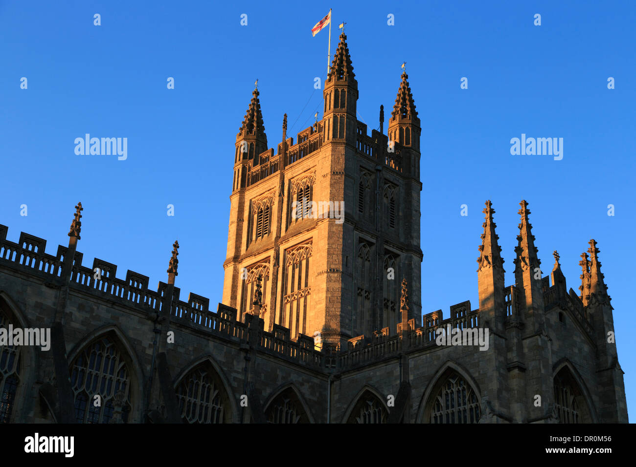 Architectural detail of a tower on the historic Bath Abbey in the city of Bath in Somerset county, United Kingdom. Stock Photo