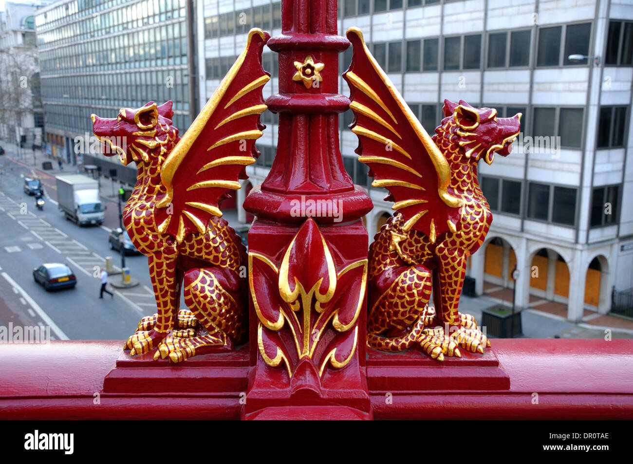 Dragon on Holborn Viaduct in the City of London with Goldman Sachs