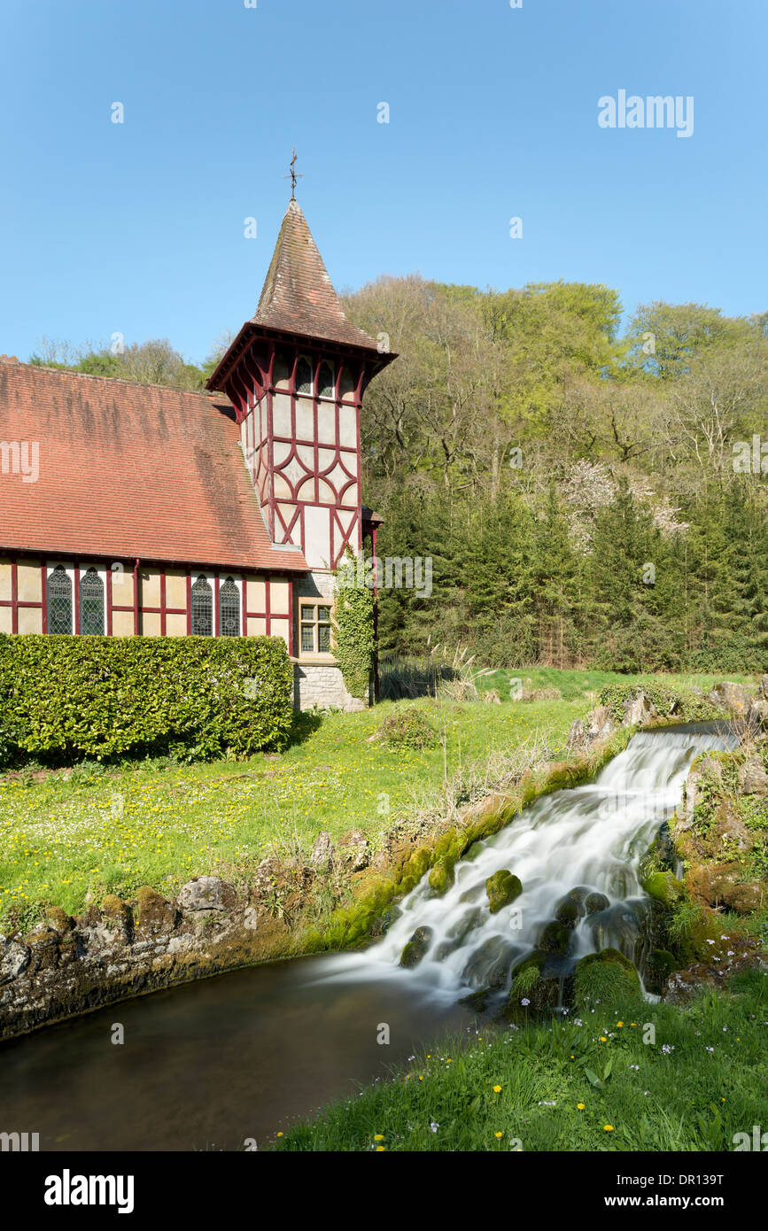 The Masonic Lodge and waterfall in the village of Rickford, Somerset. Stock Photo