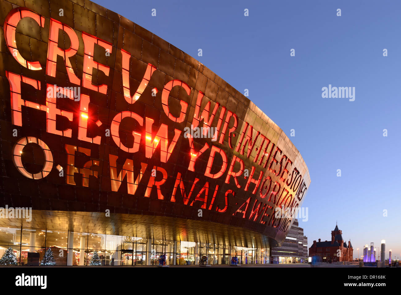 The Millenium Centre lit at night at Cardiff Bay, Wales. Stock Photo