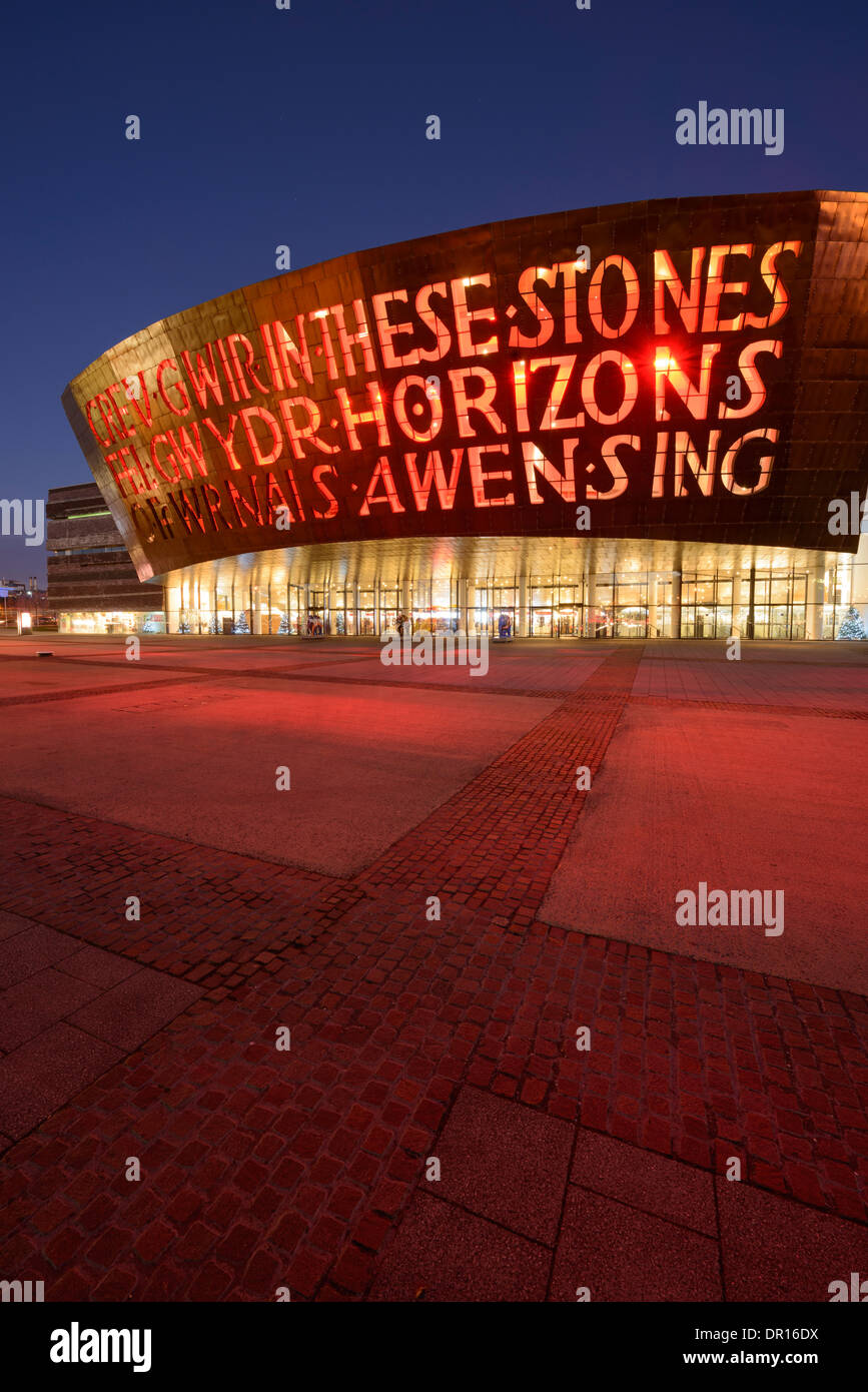 The Millenium Centre lit at night at Cardiff Bay, Wales. Stock Photo