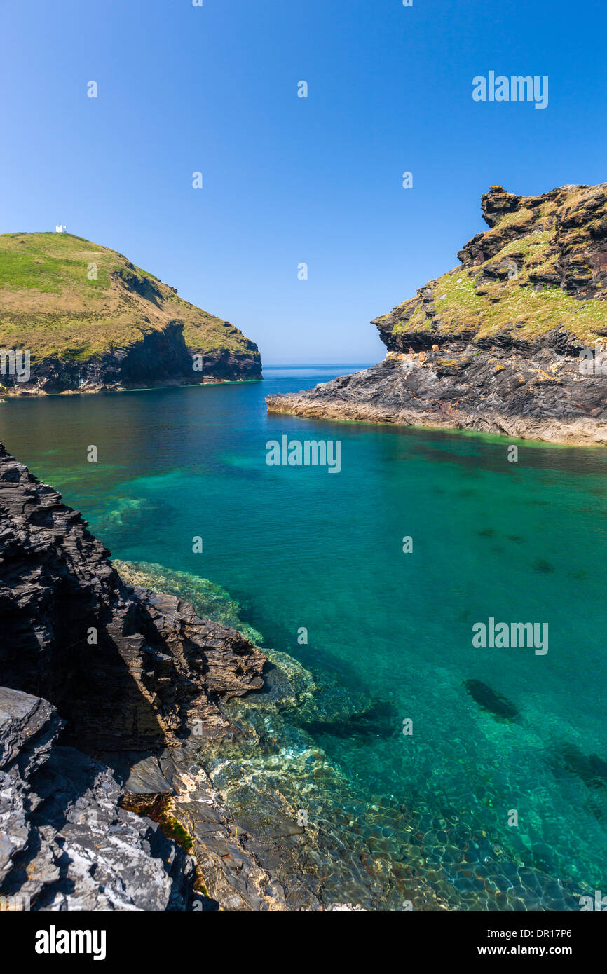 Entrance to Boscastle Harbour, on the north coast of Cornwall, England, UK, Europe. Stock Photo