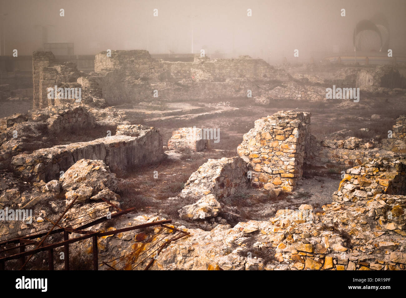 Ancient ruins in foggy morning, La Linea de la Concepcion, Spain. Stock Photo