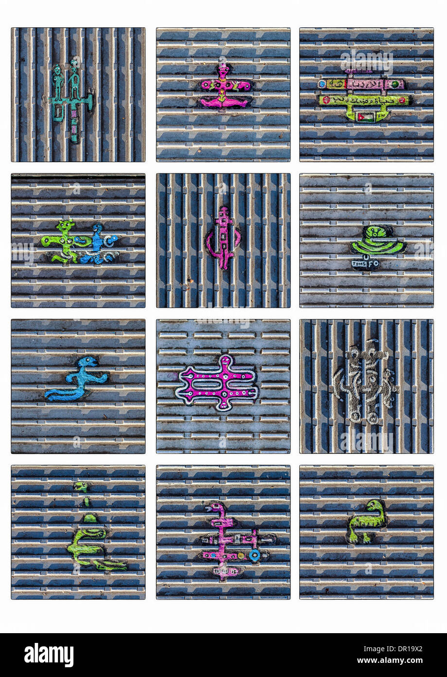 London, UK, 16th January 2014 . Artist, Ben Wilson, creates art on the Millenium Bridge The English artist is painting discarded chewing gum blotches on the bridge and the miniature art works are drawing crowds of admiring viewers. Stock Photo