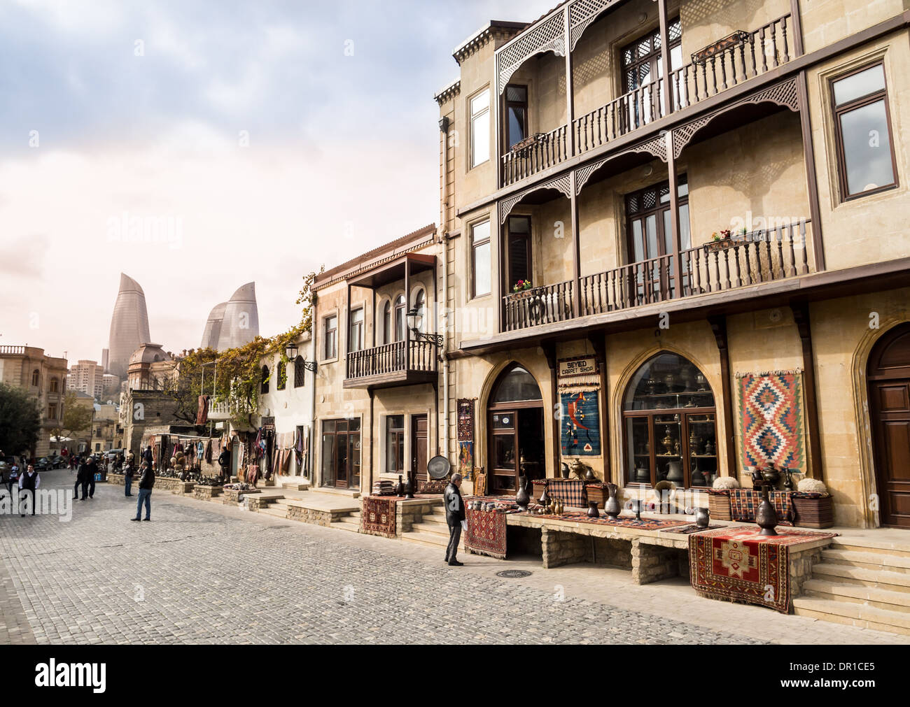 The Old Town (Icheri Sheher) of Baku, Azerbaijan. Flame Towers in the background. Stock Photo