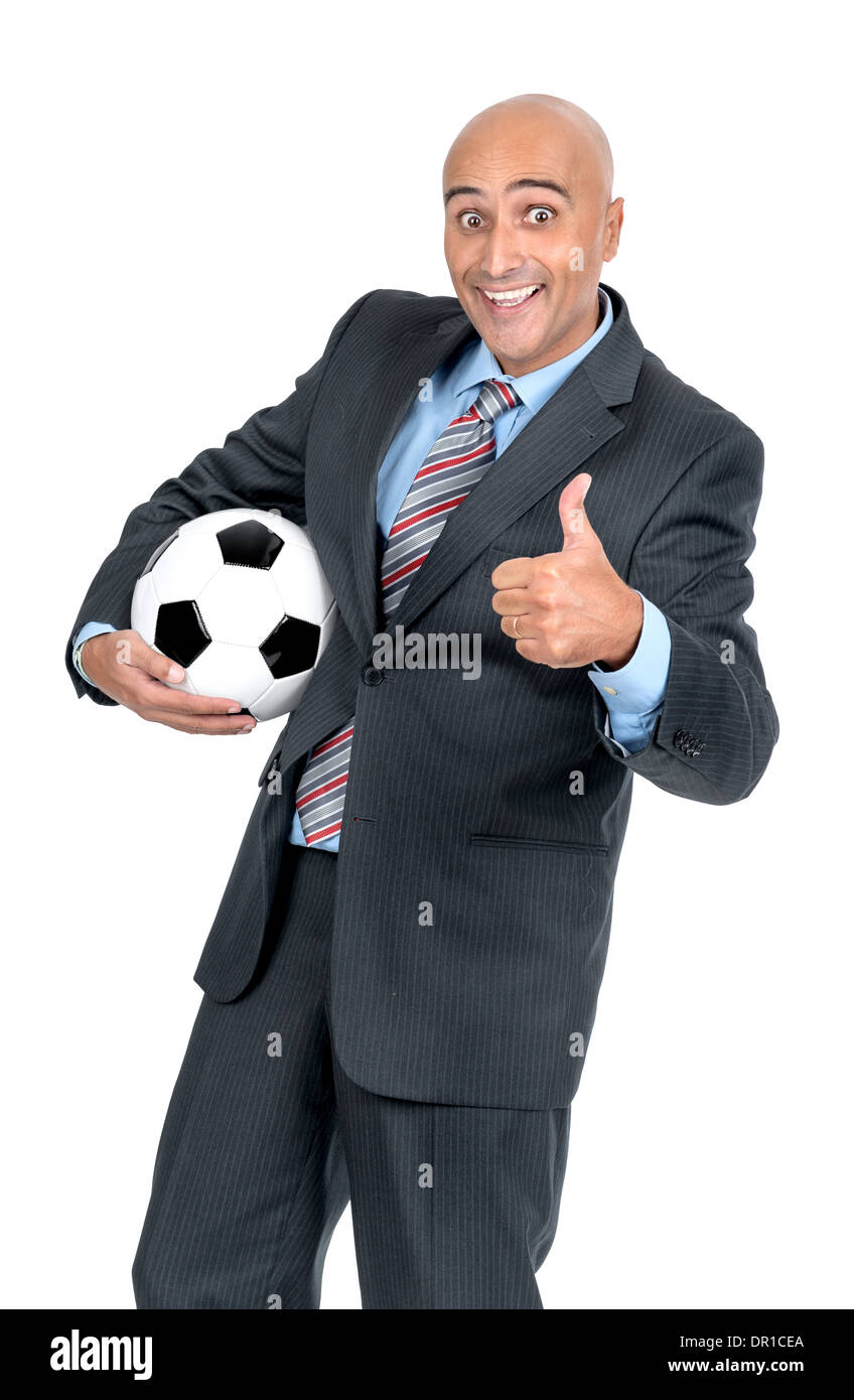 Happy businessman with soccer ball isolated in white Stock Photo - Alamy