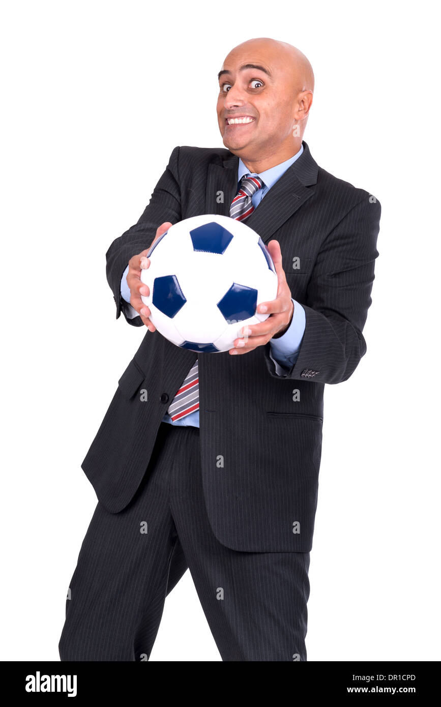 Happy businessman with football ball isolated in white Stock Photo - Alamy