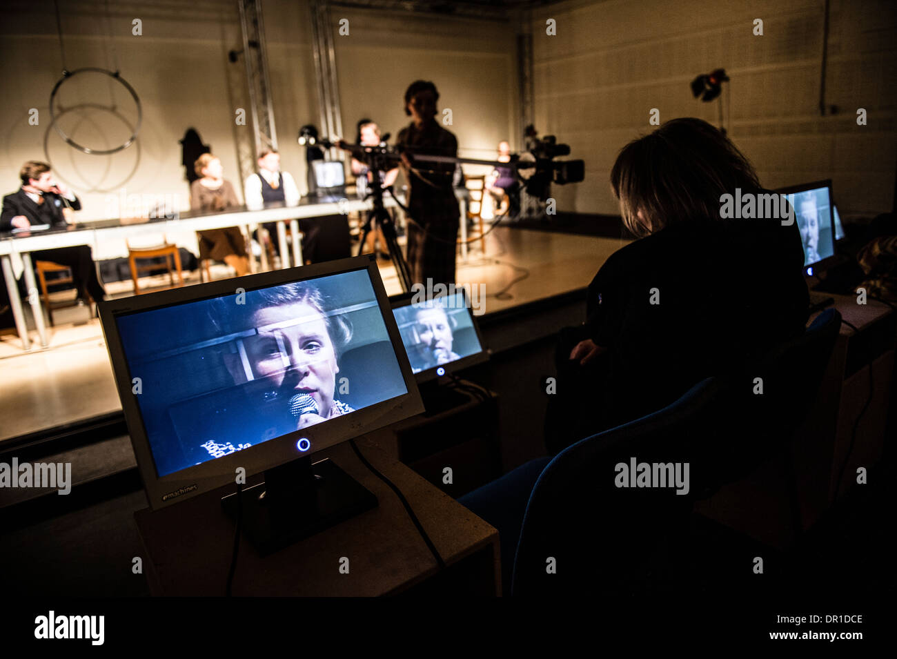 Welsh language theatre studies students performing actors acting in 5:7, a multimedia drama at Aberystwyth university, Wales UK Stock Photo