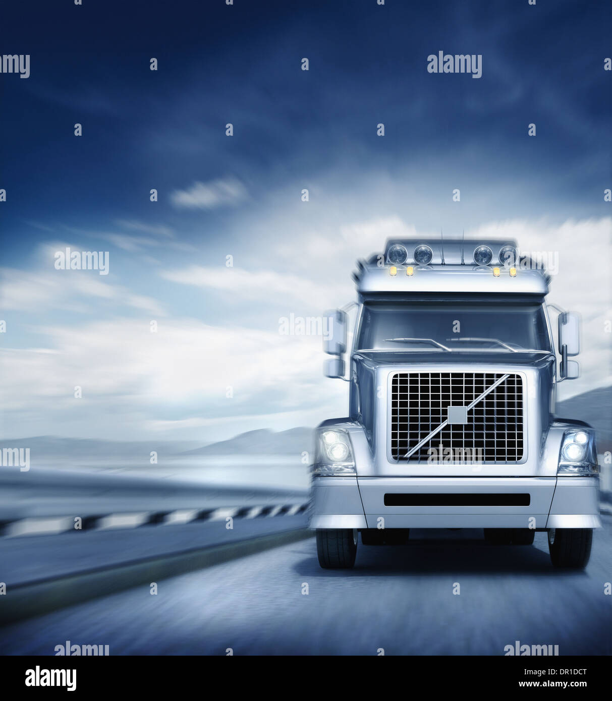 Blurred view of semi-truck driving on freeway Stock Photo