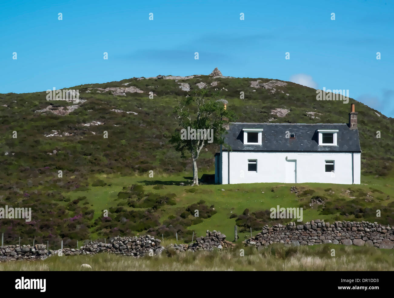 White Cottage on Hillside, Scotland. Stock Photo