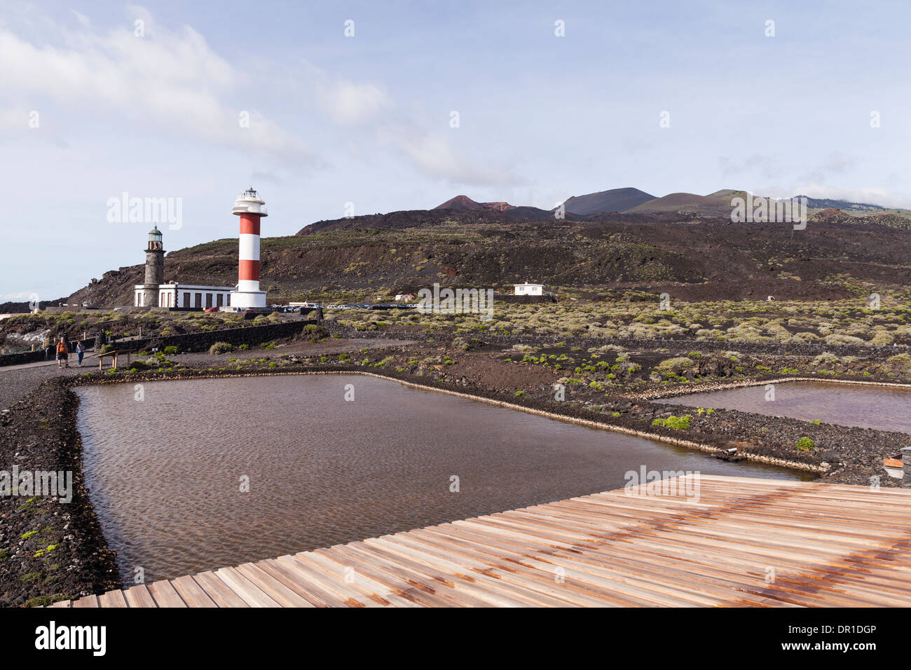 View over the Fuencaliente salt ponds to the lighthouse, La Palma, Canary Islands, Spain Stock Photo