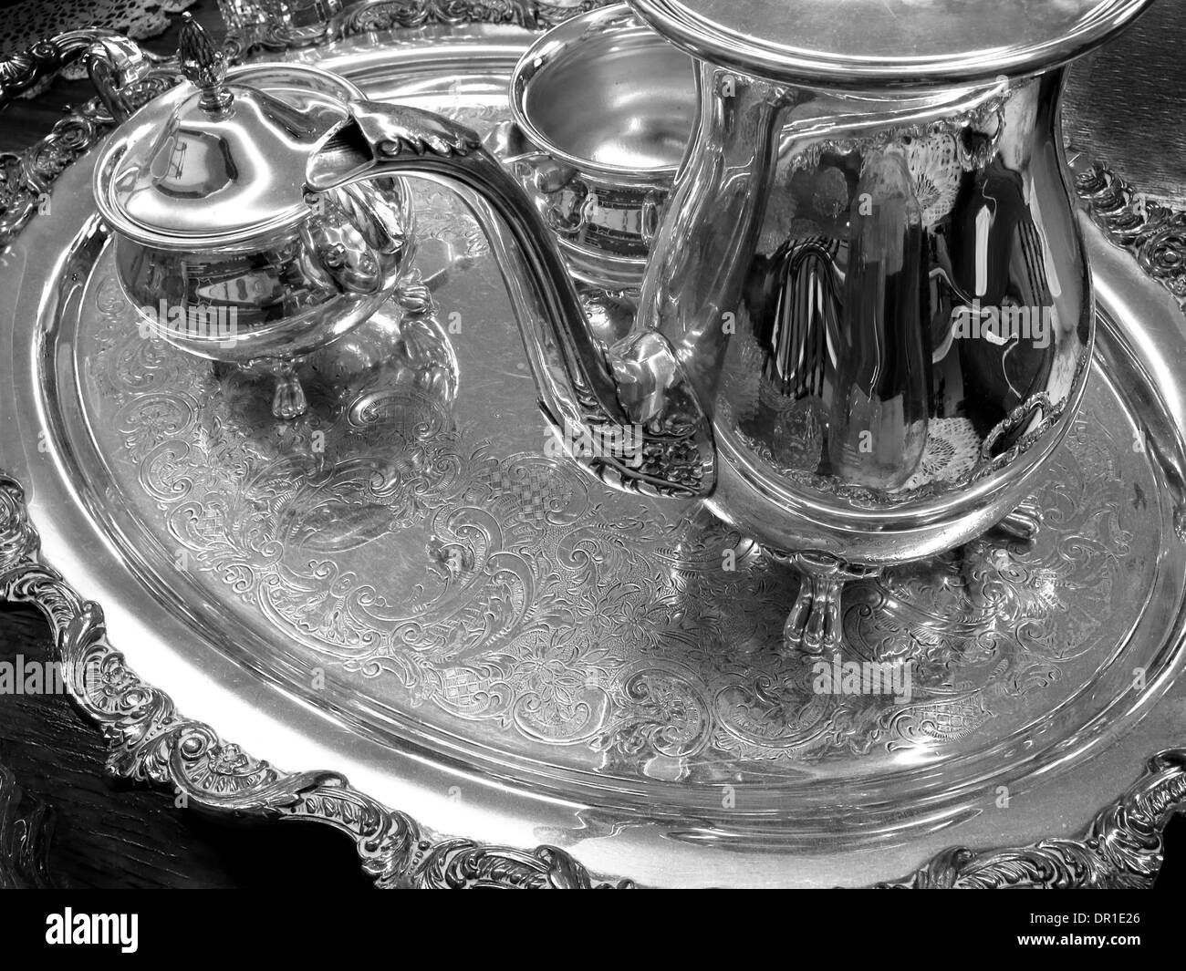 Decorative elegant silver service tray with engravings Stock Photo