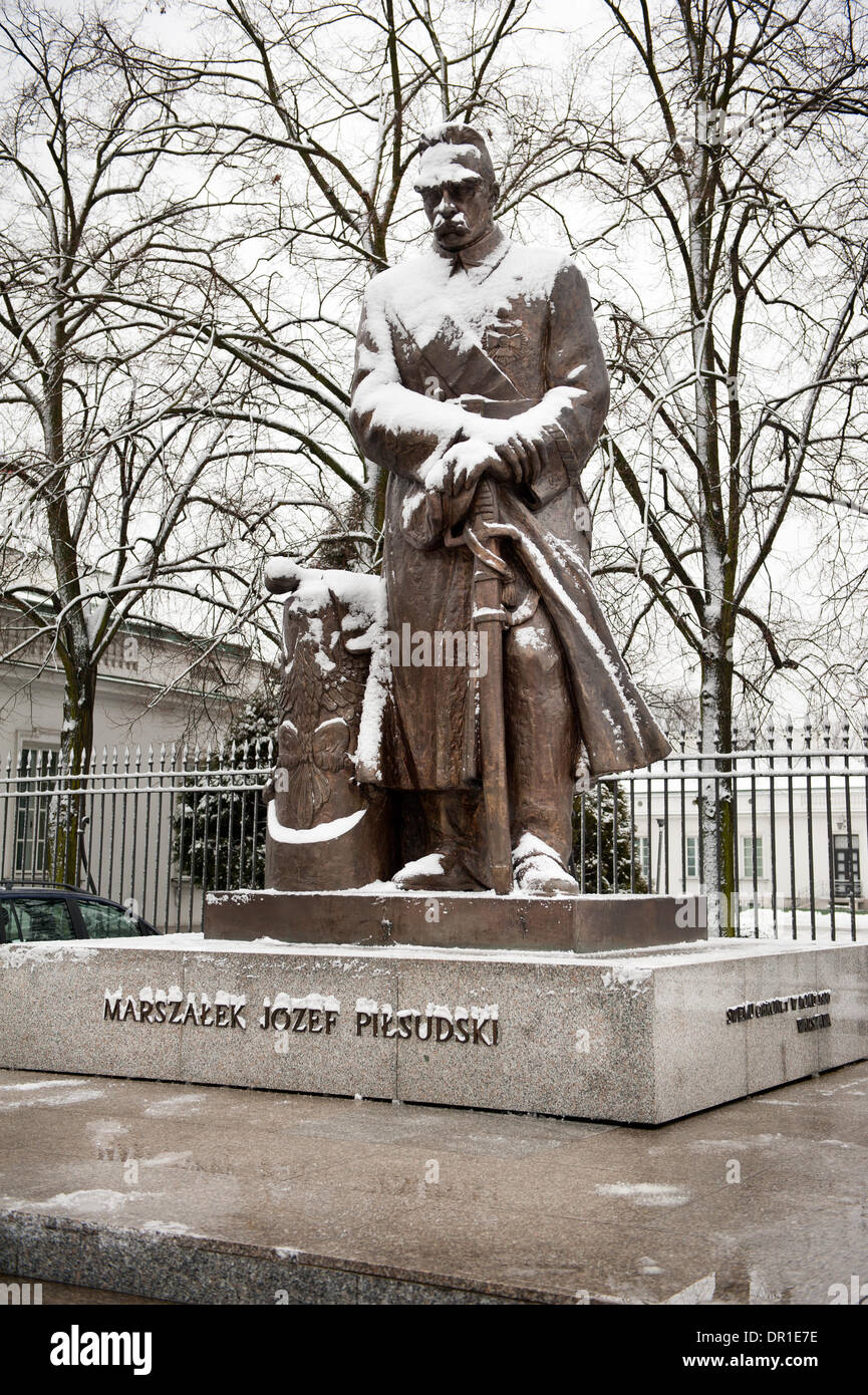 Marshal Pilsudski statue in snow in Warsaw Stock Photo
