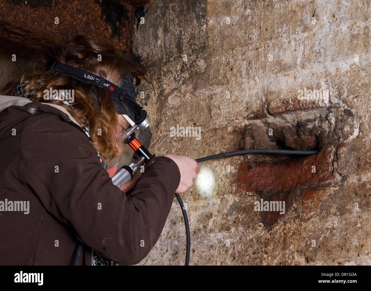 Frankfurt, Germany . 17th Jan, 2014. A bat expert looks into a hole with an endoscope camera in the basement of the old brewery in Frankfurt (Oder), Germany, 17 January 2014. Equipped with lights, ladders, mirrors and writing pads conservationists annually count the bats in the vaults of the former brewery cellar. While just 150 animals were counted in 1987, the number today has risen to about 1,800. Photo: Patrick Pleul/dpa Credit:  dpa picture alliance/Alamy Live News Stock Photo