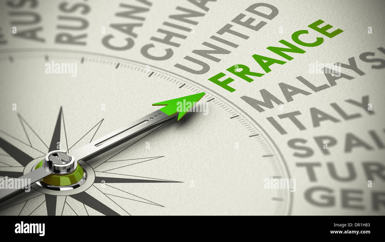 Compass with green Needle pointing the country France, Concept of travel decision making or vacation choice. Stock Photo