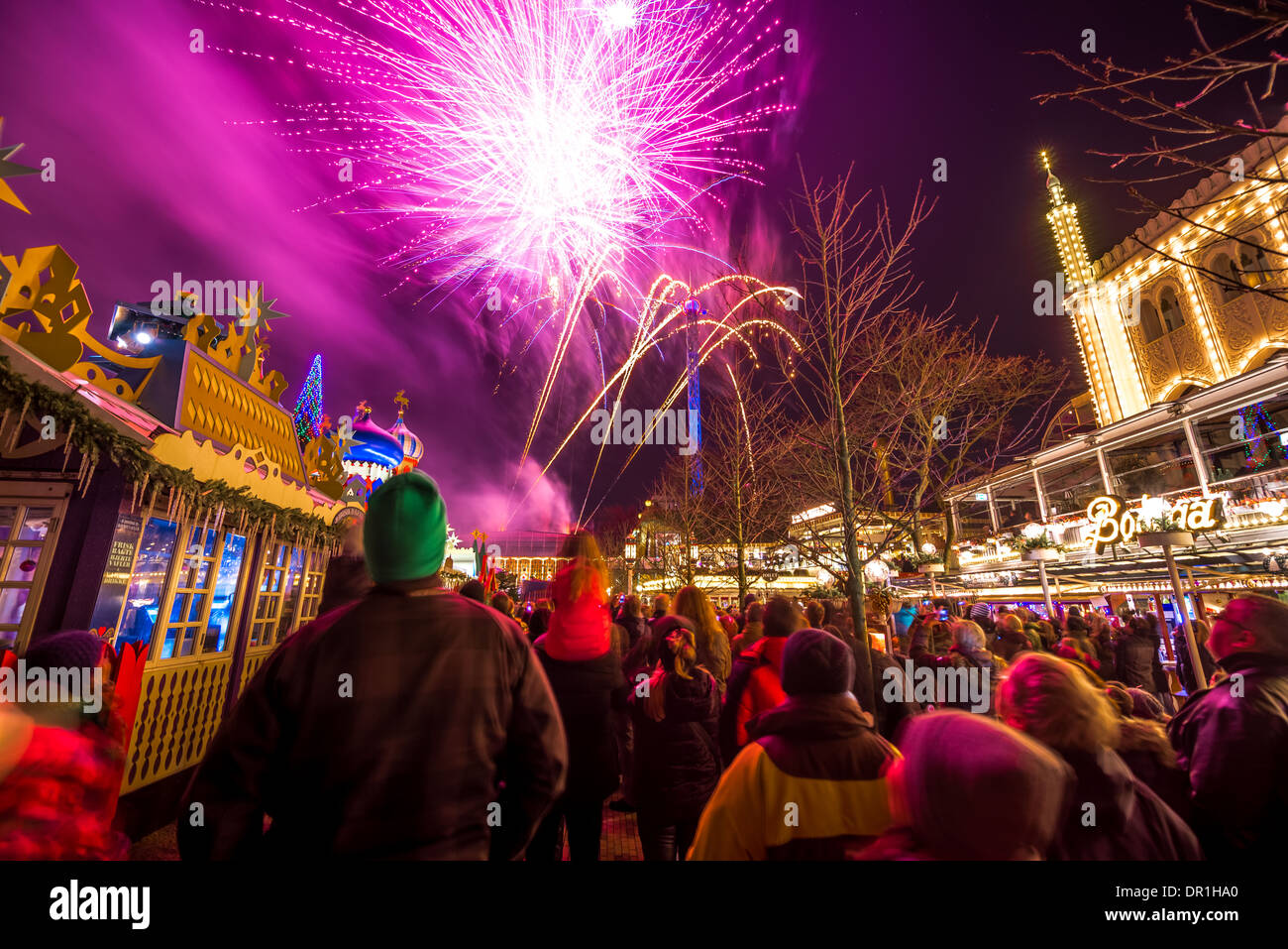 COPENHAGEN - 31 DECEMBER 2013 Fire show in Tivoli park in New Eve evening on December 31, 2013 in Copenhagen. Stock Photo