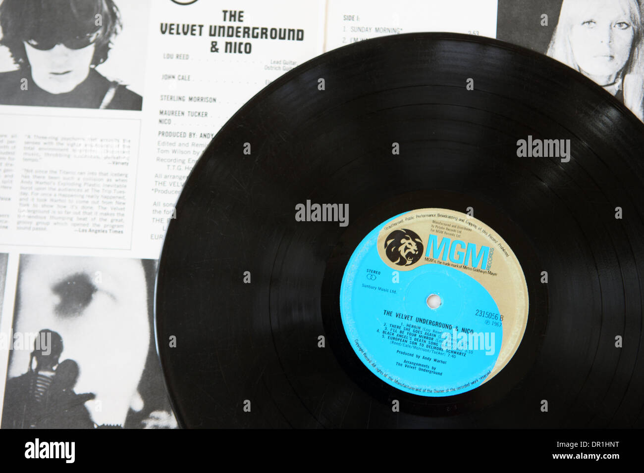 The Velvet Underground & Nico LP record produced by Andy Warhol in 1967 on top of the open LP cover Stock Photo