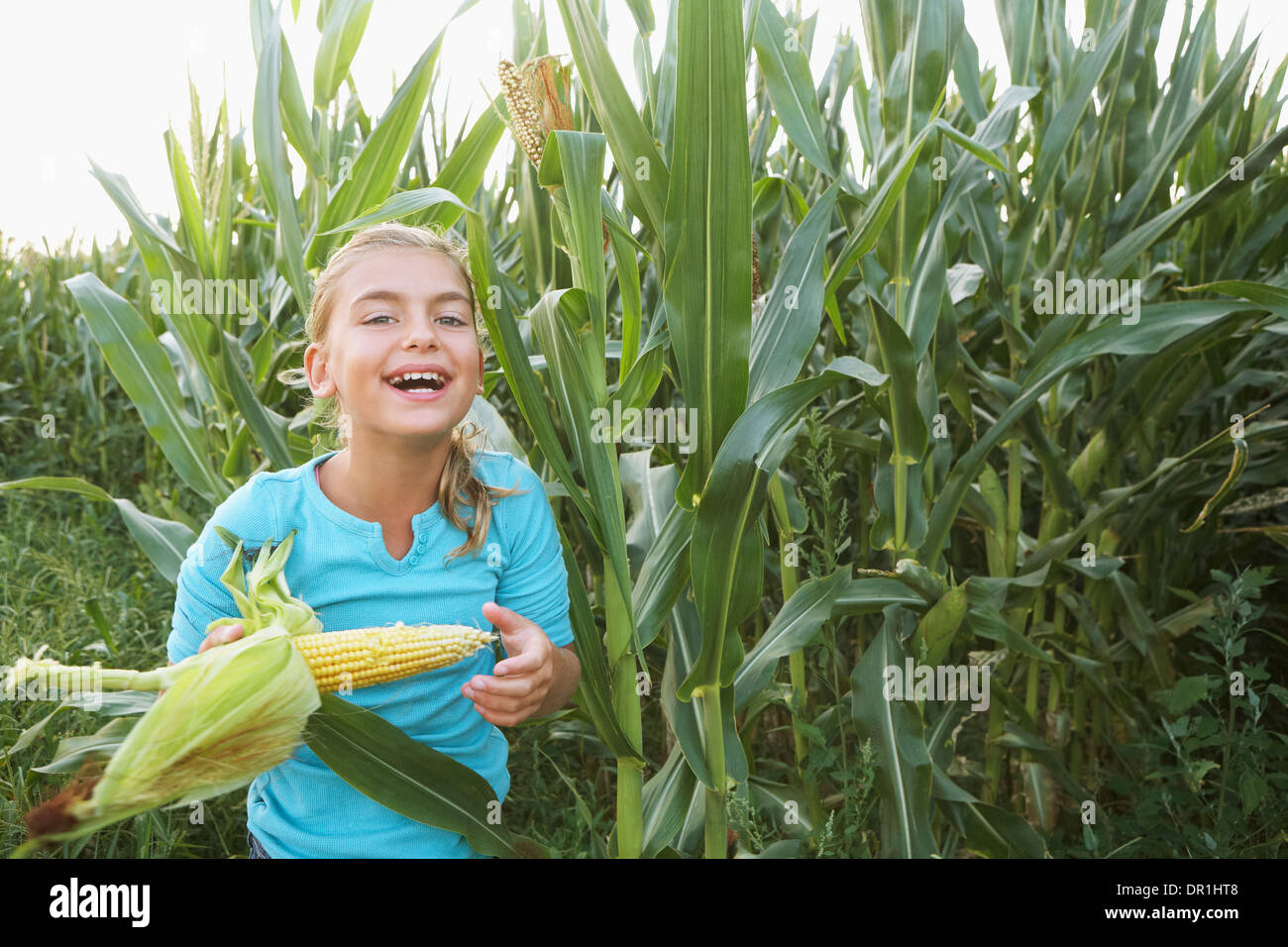 Caucasian girl eating corn in field Stock Photo Alamy