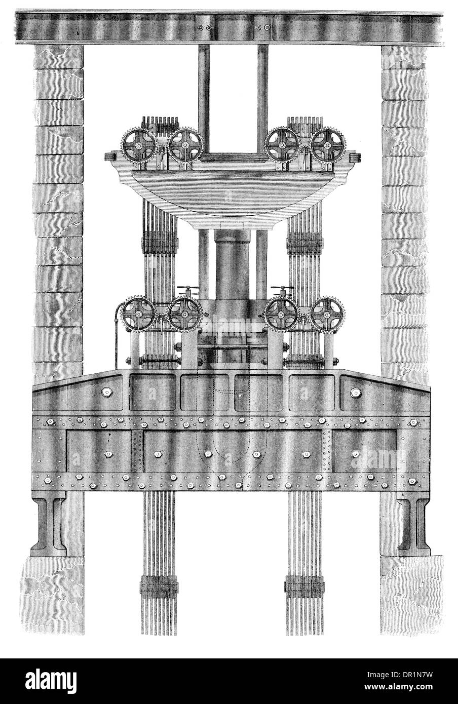 Great Hydraulic Press employed in raising Britannia Tubular Bridge. Built by Bank Quay Foundary Co Warrington circa 1889 Stock Photo