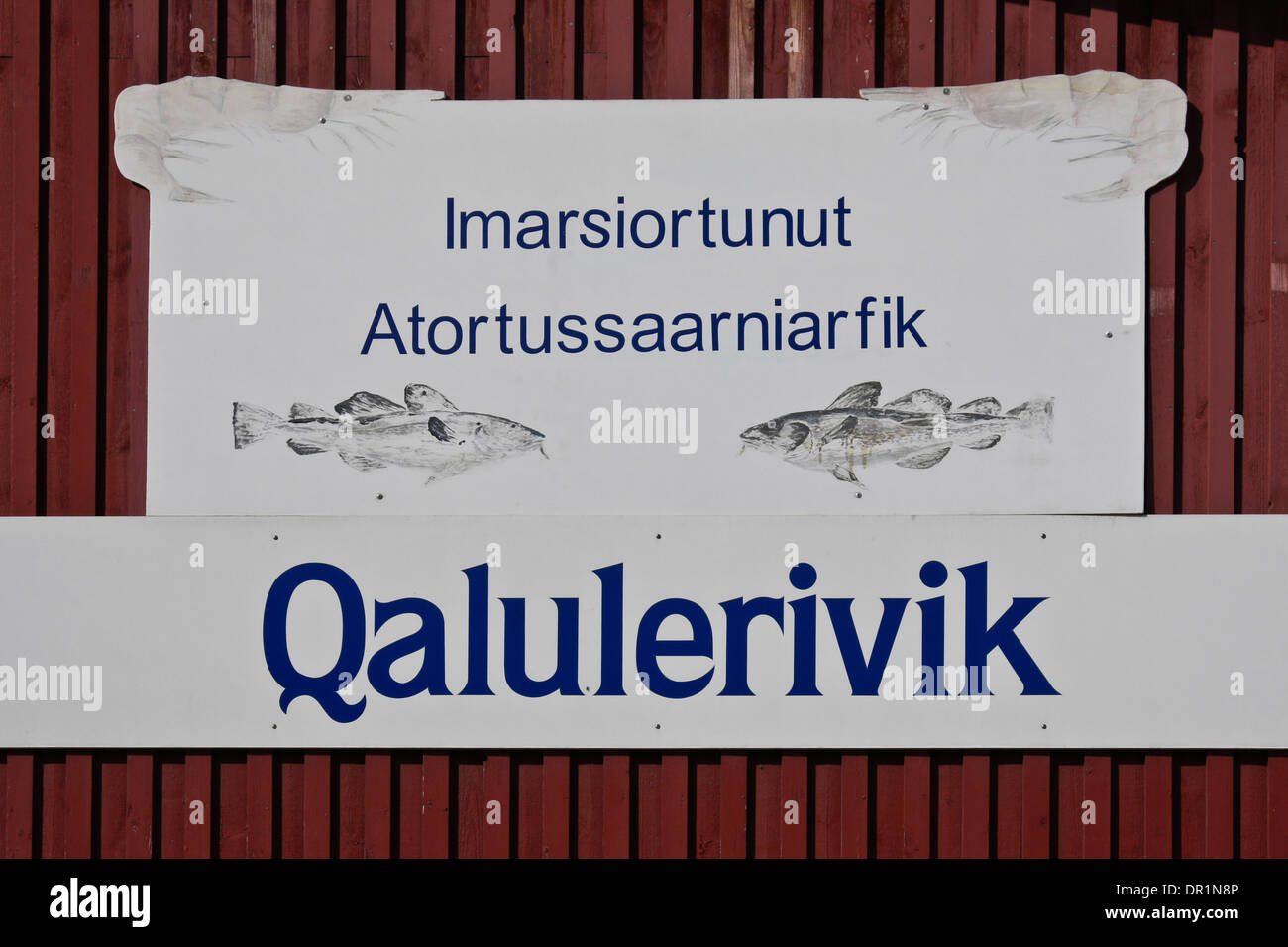 Sign in Greenlandic language on market selling fish and shrimp, Sisiumiut (Holsteinsborg), West Greenland Stock Photo