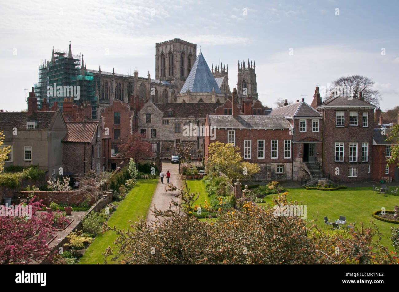 Scenic high view of 3 historic Grade 1 buildings - Minster, Treasurer's House & Grays Court - from city walls in York, North Yorkshire, England, UK. Stock Photo