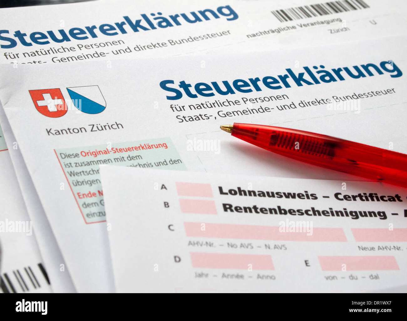 a Swiss tax form for annual tax declaration as used in the county of Zurich. Switzerland Stock