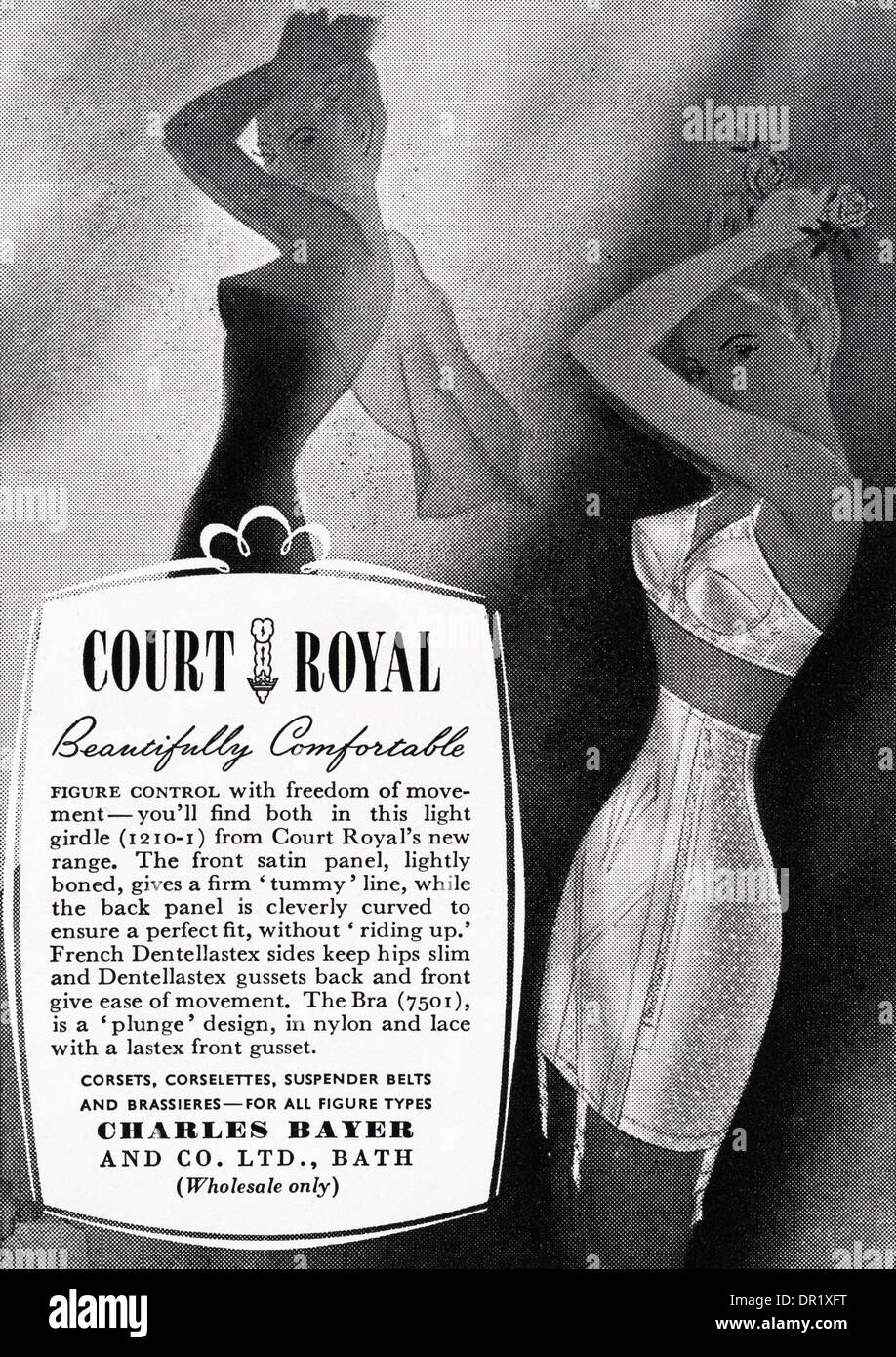 1950s advertisement advertising COURT ROYAL lady's lingerie figure control  BY Charles Bayer & Co Ltd of Bath. Advert in womens fashion magazine circa  1952 Stock Photo - Alamy