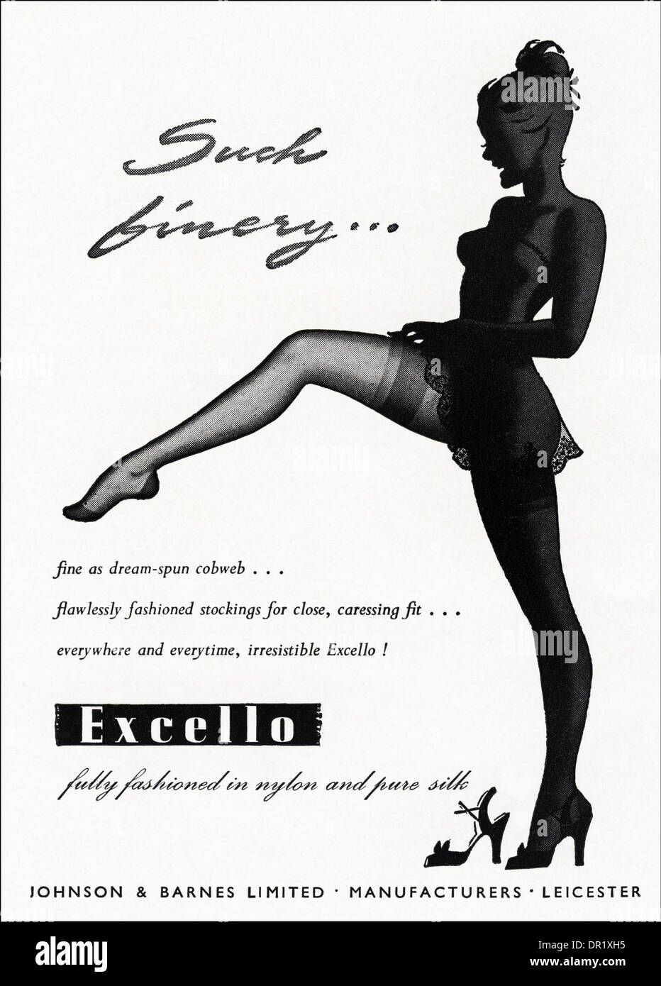 1950s advertisement advertising EXCELLO nylon & pure silk stockings by John  & Barnes Limited of Leicester. Advert in womens fashion magazine circa 1952  Stock Photo - Alamy