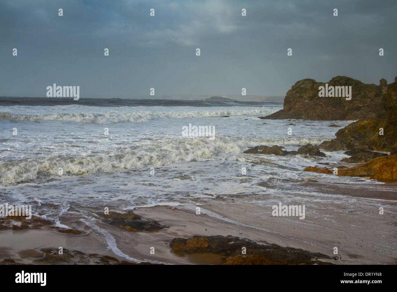 Stormy Seas at Hope cove Devon Views to Bigbury Island Stock Photo