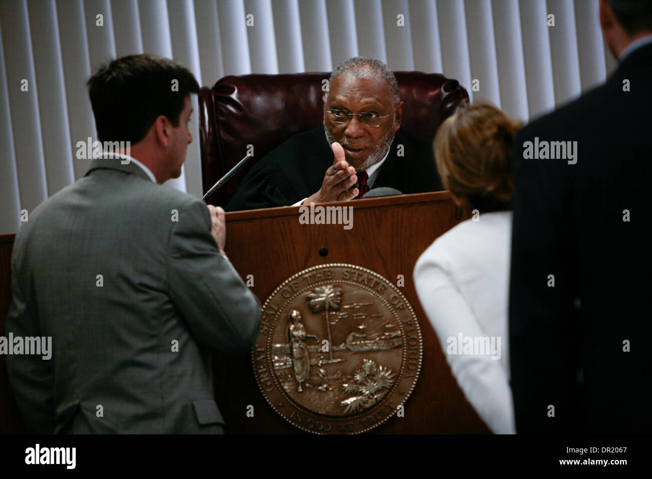 TP 301878 AMAR judgeperry 5 of 5 (02/19/2009 Sanford) Seminole County Circuit Judge James Perry addressed prosecuting attorney William E. Sublette, far left, at the bench during an accident trail, while court reporter Dawn Roscher-Herron listens in. Judge Perry, of the 18th Judicial Circuit, is one of four nominated to the Florida Supreme Court by Governor Charlie Crist. (Credit Im Stock Photo