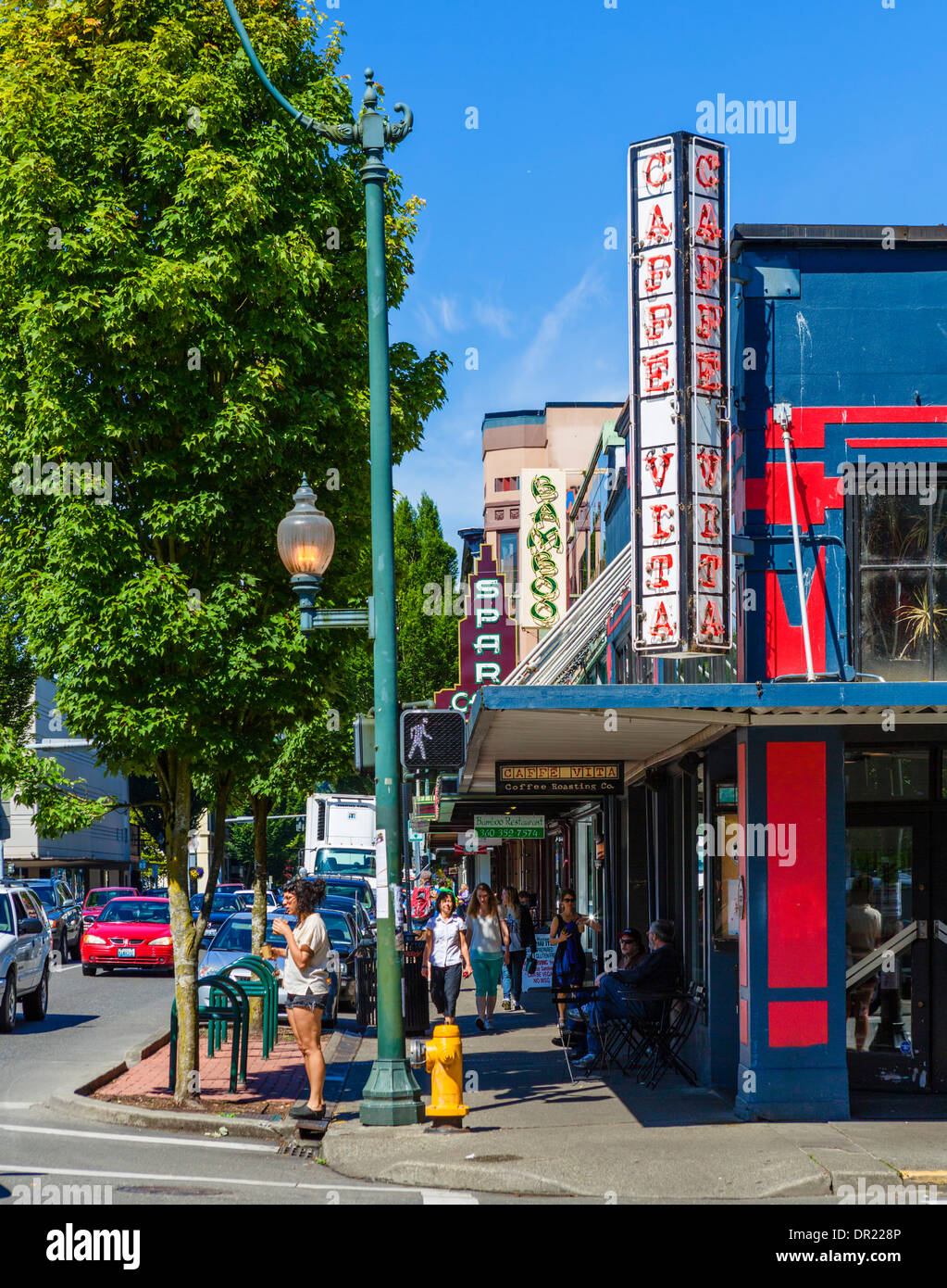 Cafe and shops on 4th Avenue East in historic downtown Olympia, Washington , USA Stock Photo