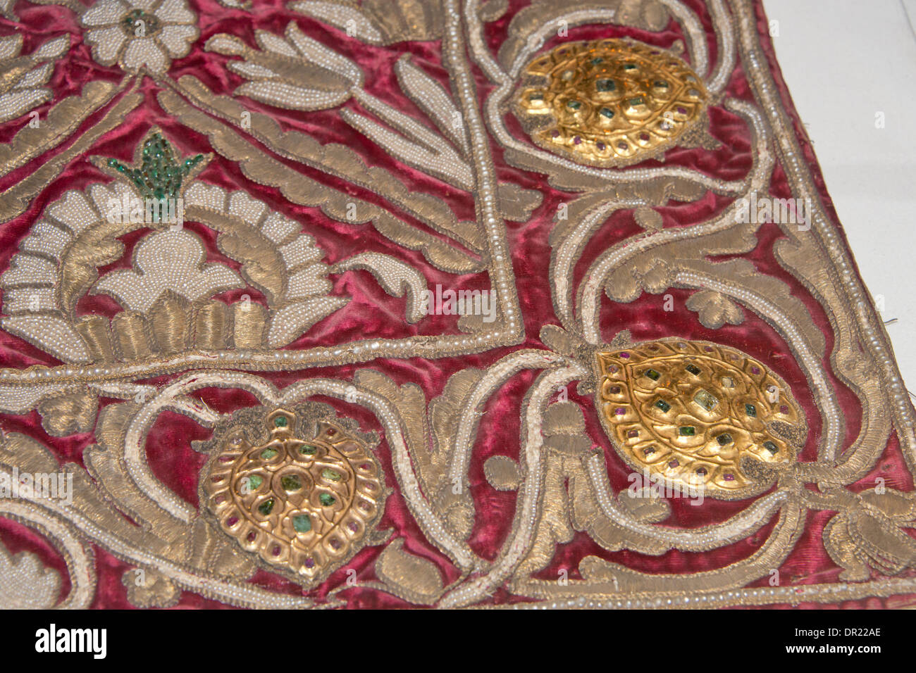 Asia, Turkey, Istanbul, Topkapi. Historic palace hand embroidered silk textile embellished with gold. Stock Photo