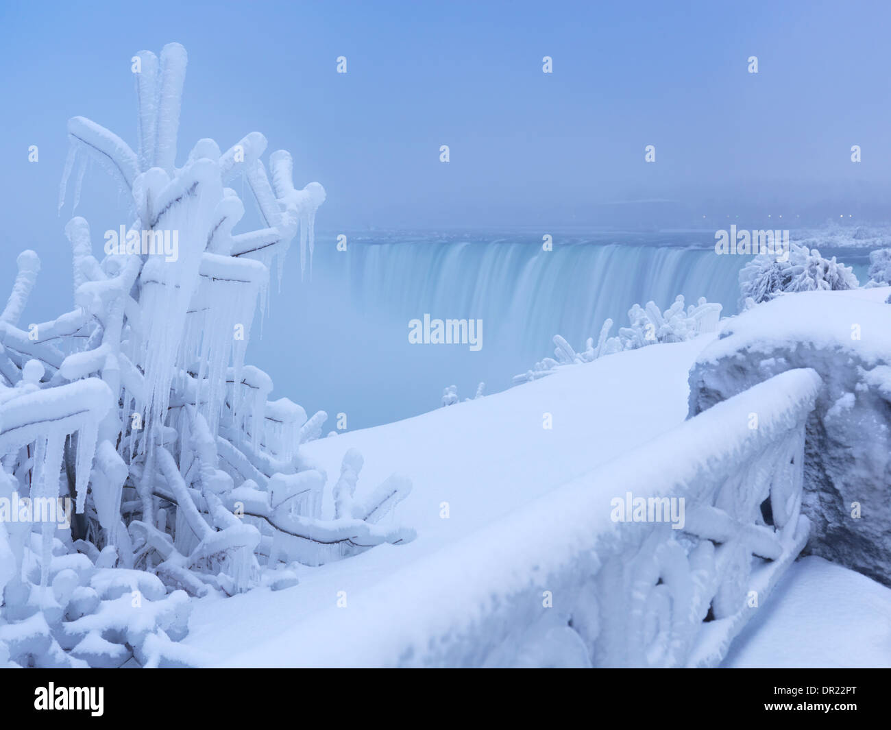 Niagara Falls Horseshoe waterfall covered with snow and ice, wintertime scenery. Ontario, Canada. Stock Photo