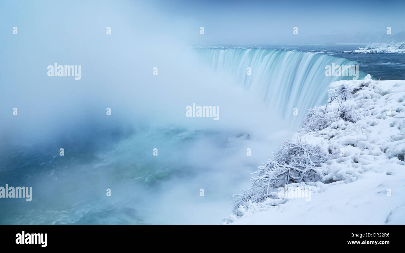 Niagara Falls Horseshoe waterfall covered with snow, wintertime panoramic scenery. Ontario, Canada. Stock Photo