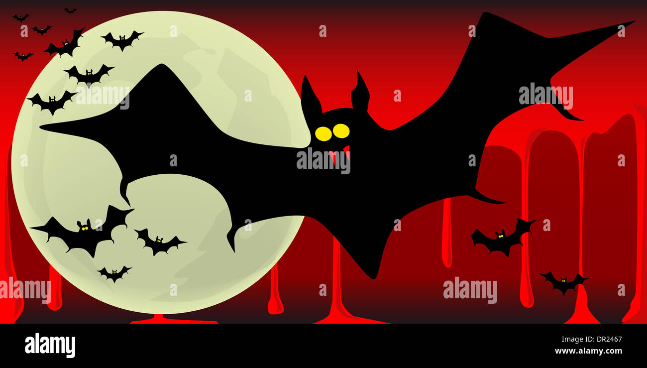 Vampire bats flying in formation across the fall moon against a blood