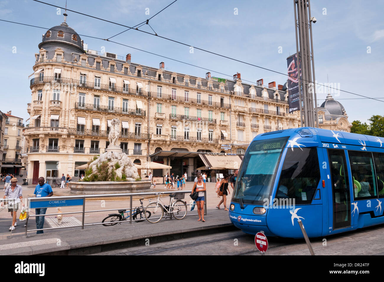 Place de la Comedie station and tram train, Montpellier, Hérault, Languedoc-Roussillon Stock Photo