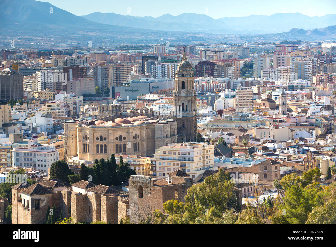 View overlooking the Malaga Cathedral and City with the walls of the