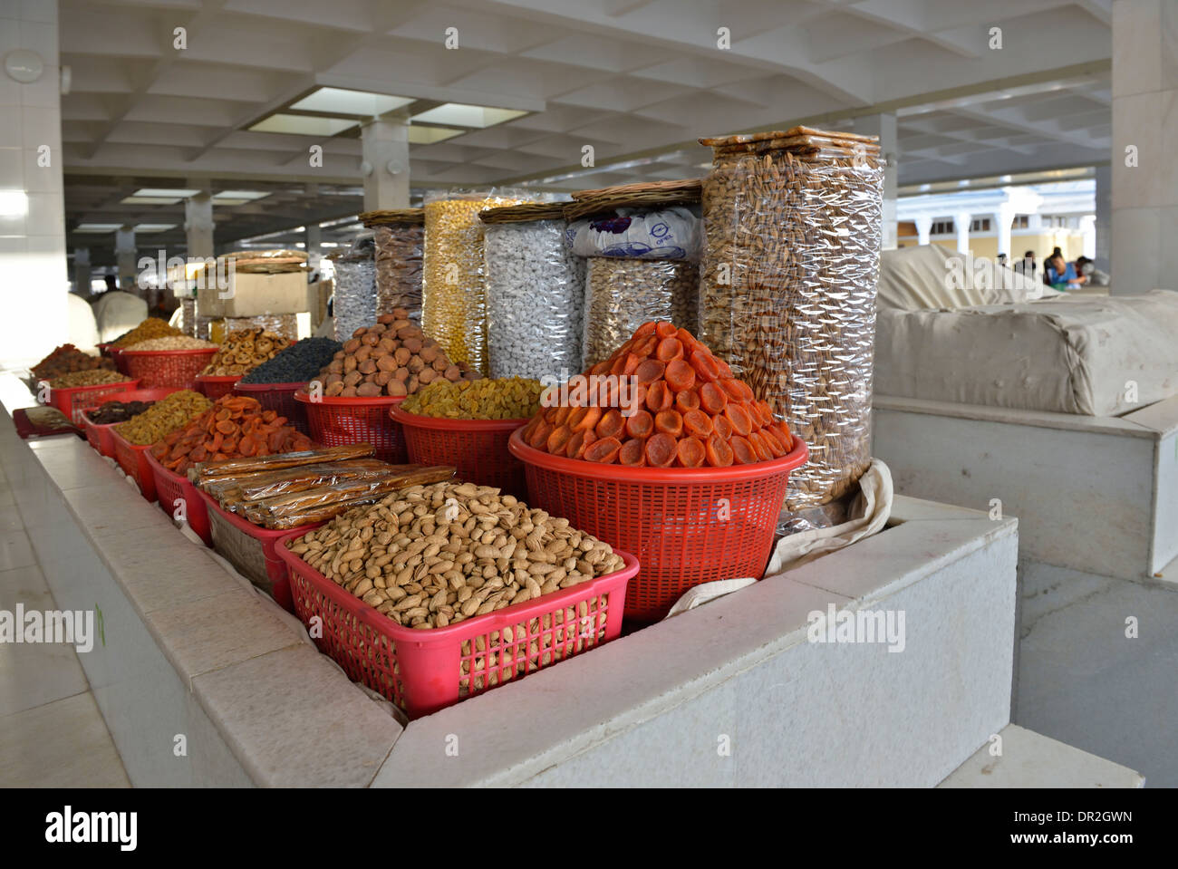 Dried fruit and nuts stall, Siyob Bazaar, Samarkand, Uzbekistan Stock