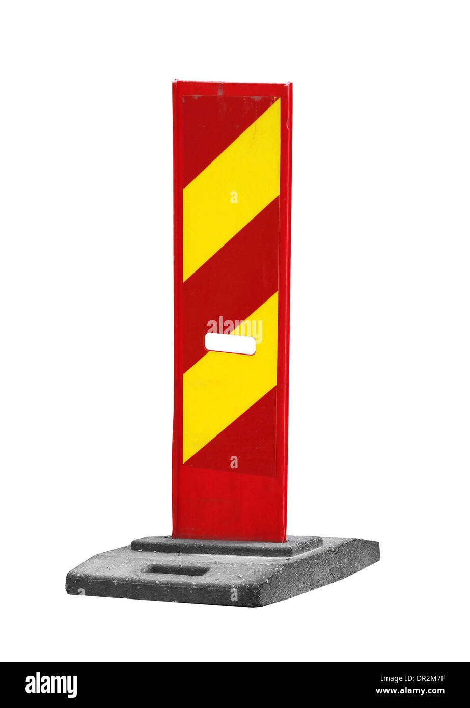 Red and yellow striped caution road sign isolated on white Stock Photo