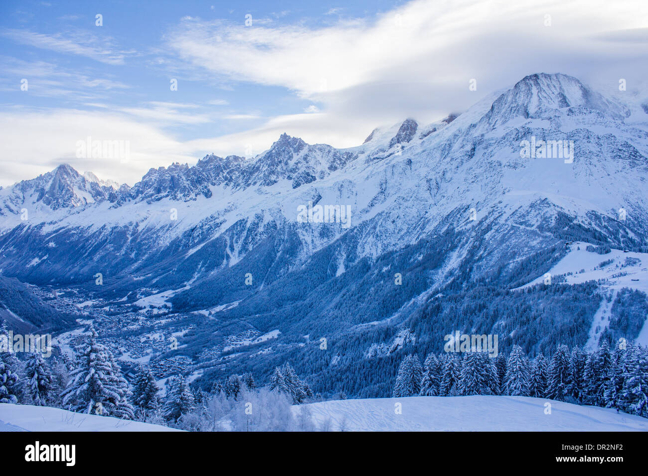 Looking down the Chamonix Valley from Les Houches in the snow Stock