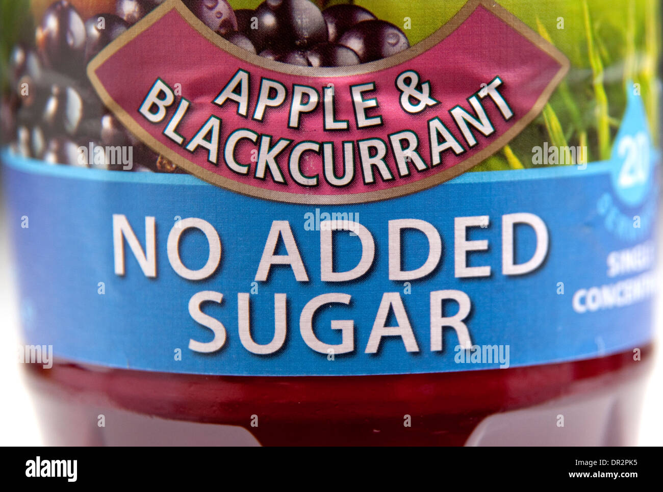 Label on no added sugar fruit squash drink, London Stock Photo