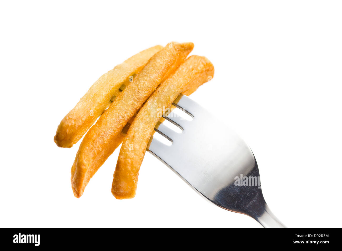 french fries on fork on white background Stock Photo Alamy