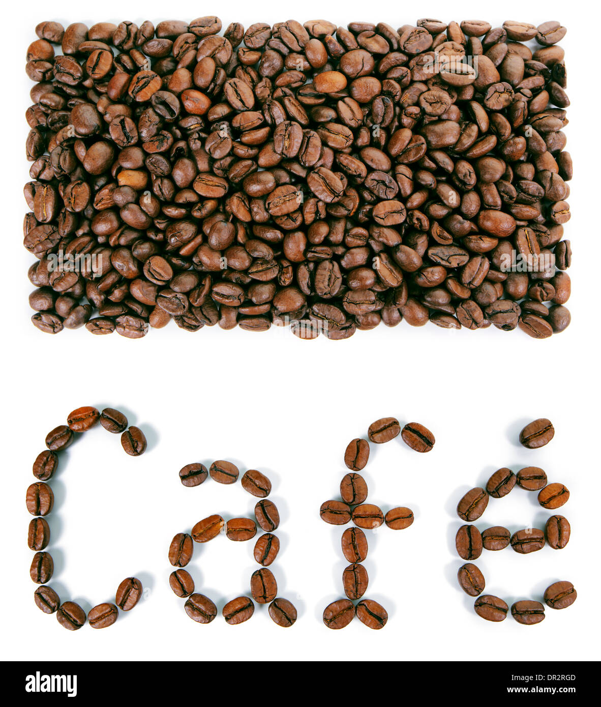 A rectangular shape with the word Cafe created with coffee beans on a white background Stock Photo