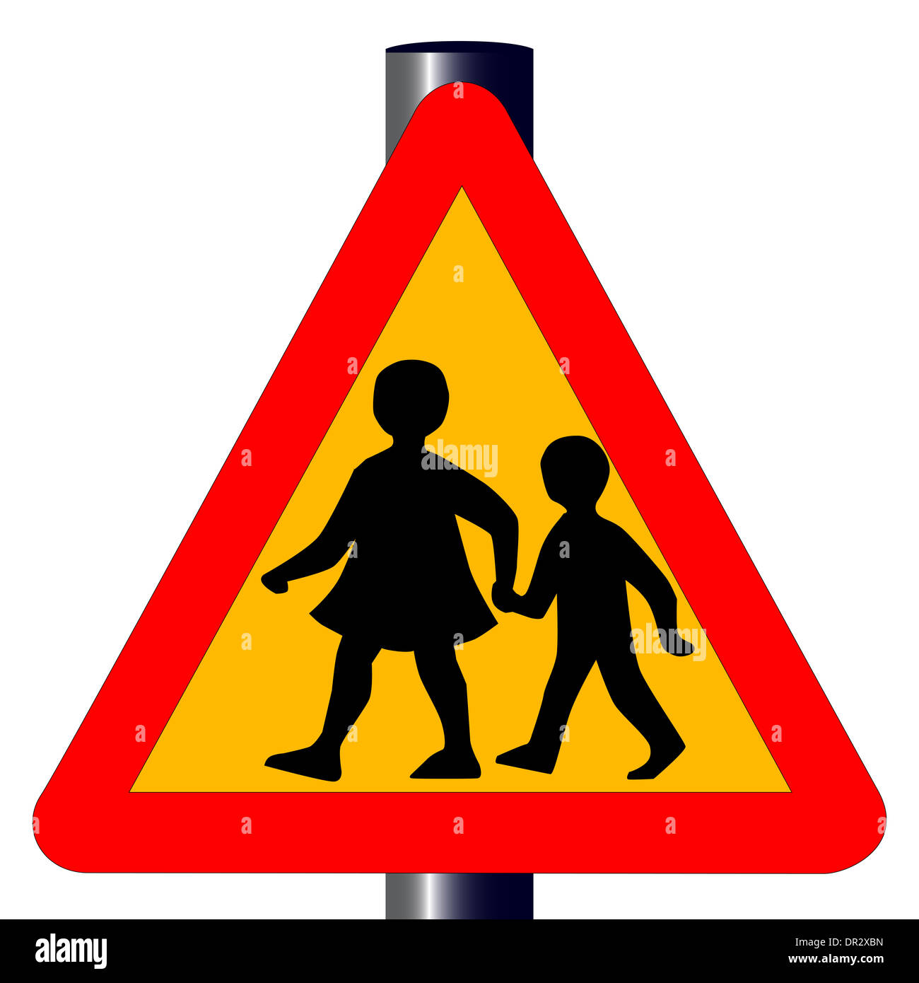 The traditional amber 'children crossing' traffic sign isolated on a white background.. Stock Photo