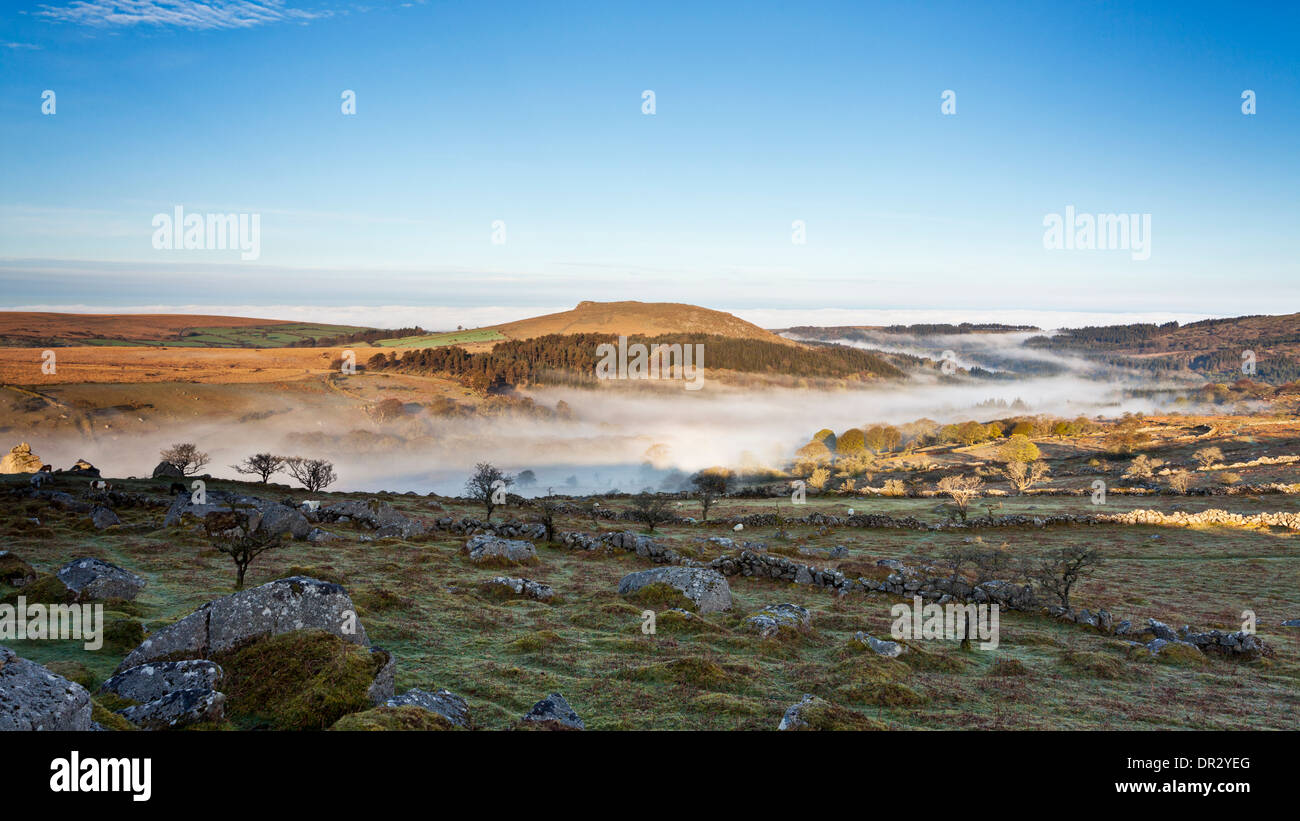 Fog in the valley near Sheepstor, Dartmoor, taken from Combeshead Tor Stock Photo